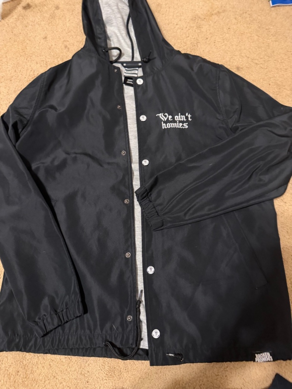 Black Hooded Bomber Jacket with Script Chest Embroidery